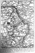 Map of Seventh Army Entering Belfort, Third Army Moving Past Metz and Nancy, First Army Moving Toward Cologne, published September 18, 1944