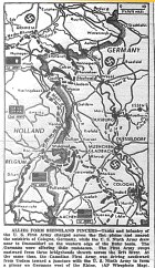 Map of Western Front, First Army moves toward Cologne; Ninth and Canadian First toward Duesseldorf, published March 1, 1945