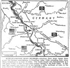 Map of Western Front, First Army severs Ruhr-Franfurt Road, extending Rhine bridgehead to 13 miles, fighting into Koenigswinter, within 3 miles of open lane to Ruhr, published March 16, 1945