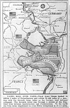 Map of Western Front, Third moves to four mi. from Kaiserslautern, 20+ from Seventh, which breaks Siegfried between Saarbruecken and Zweibruecken; First extends bridgehead to 19.5 mi., published March 20, 1945