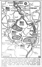 Map of Western Front, Third Army holds 100 miles of west bank of Rhine, from Coblenz to Ludwigshafen, fighting in Mainz, published March 22, 1945