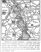 Map of Western Front, First Army enters Cologne; German blow bridges between captured Homberg and Duisburg across Rhine, published March 5, 1945