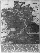 Map of Europe, Emden, Bremen, Hamburg besieged; Seventh on Elbe and Mulde; Leipzig captured; Dessau, Chemnitz, Nuernburg under assault, push to join Third and Soviet Armies, published April 20, 1945