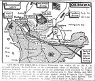Map of Okinawa, Chinin Peninsula sealed by 7th Infantry, rapid gains by 1st Marine and 96th Infantry, 6th Marines rest after taking Naha, published June 4, 1945