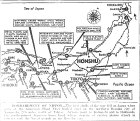 Map of Japan, Navy's first raid, Third Fleet hits Kamaishi, 275 mi. north of Tokyo, carrier planes hit Hokkaido, published July 14, 1945