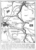 Map of Eastern Front, Russian Attacks Along Oder; Kuestrin-Frankfurt Line Overrun by Soviets; Stettin to Guben and Forst Aflame, published March 14, 1945