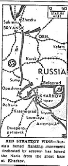 Map of Eastern Front, Kharkov, Bryansk, published August 23, 1943
