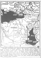 Map of British Drive to Amiens, Americans Move Toward Belgium, 3rd Army Captures St. Dizier, 7th Army Moves through Nice, Nazis Fall Back to Lyon in Allied Rhone Valley Offensive, published August 31, 1944