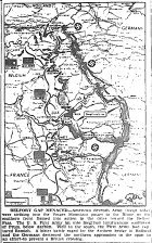 Map of Seventh Army Strike into Vosges Mountain Passes to the Rhine, First Army Menaces Siegfried Line near Prum, First Army Captures Remich,  published September 30, 1944