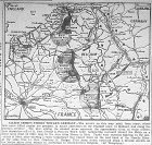 Map of Third Army Reaching East Bank of Moselle River, First Army Strikes Along Meuse River from Namur to Anchamps in Belgium, published September 8, 1944
