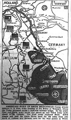 Map of Western Front, First Army crosses Rhine at Remagen, captures Bonn; First and Third Armies close on Coblenz, control 150 miles of Rhine, published March 10, 1945