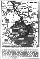 Map of Western Front, Third enters Coblenz at Rhine and Moselle R's, pushes 40 miles southeast, crosses Nahe, cuts Saarland escape; Seventh at Saarbruecken; First takes Koenigswinter, published March 17, 1945