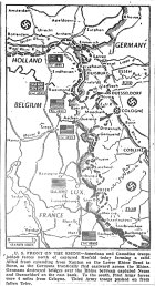 Map of Western Front, Ninth Army joins Canadian First north of captured Krefeld; Germans flee across Rhine, burn bridges between captured Neuss and Duesseldorf, published March 3, 1945