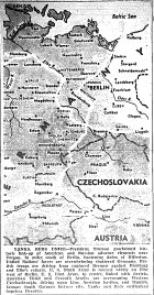 Map of Eastern Europe, Russians and 1st Army link near Torgau, 75 mi. from Berlin; 3rd and 7th overrunning Czech., driving to Linz and Munich; Dresden outflanked by Russians and Americans, published April 27, 1945